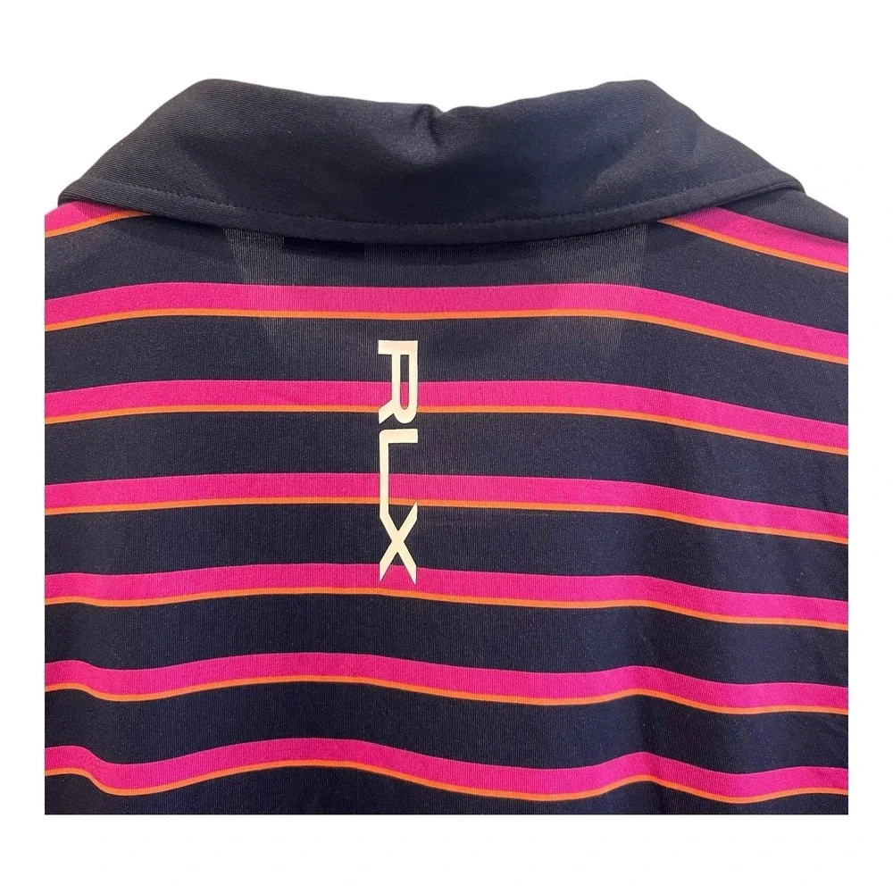 RLX Ralph Lauren Polo Shirt Mens LG Blue Orange Pink Striped Short Sleeve Golf